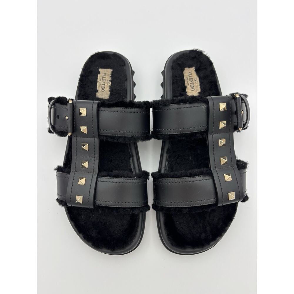 Authentic Valentino Rockstud Fur Lined Slides Dad Sandals Black Leather Size 38 - Picture 3 of 14